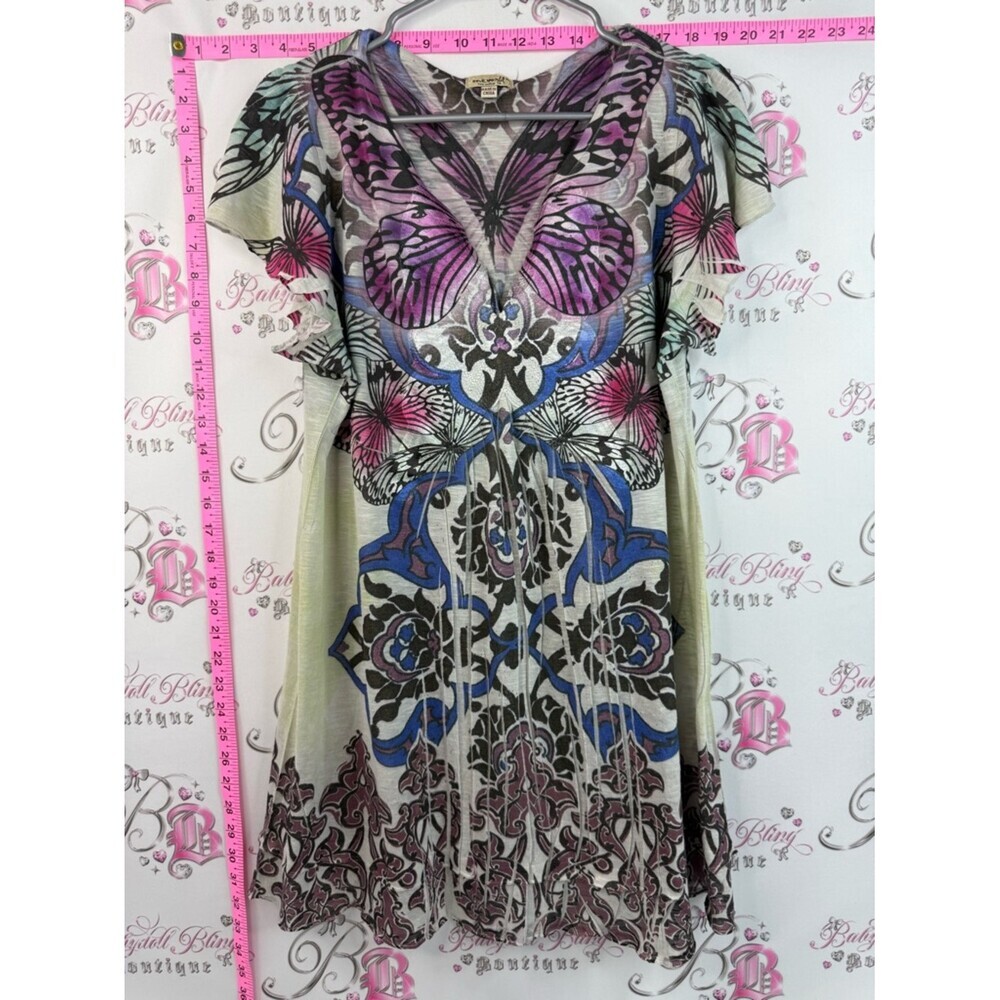ONE WORLD dress Butterfly Print Short Sleeve Dress in Purple, Blue, Pink, Black